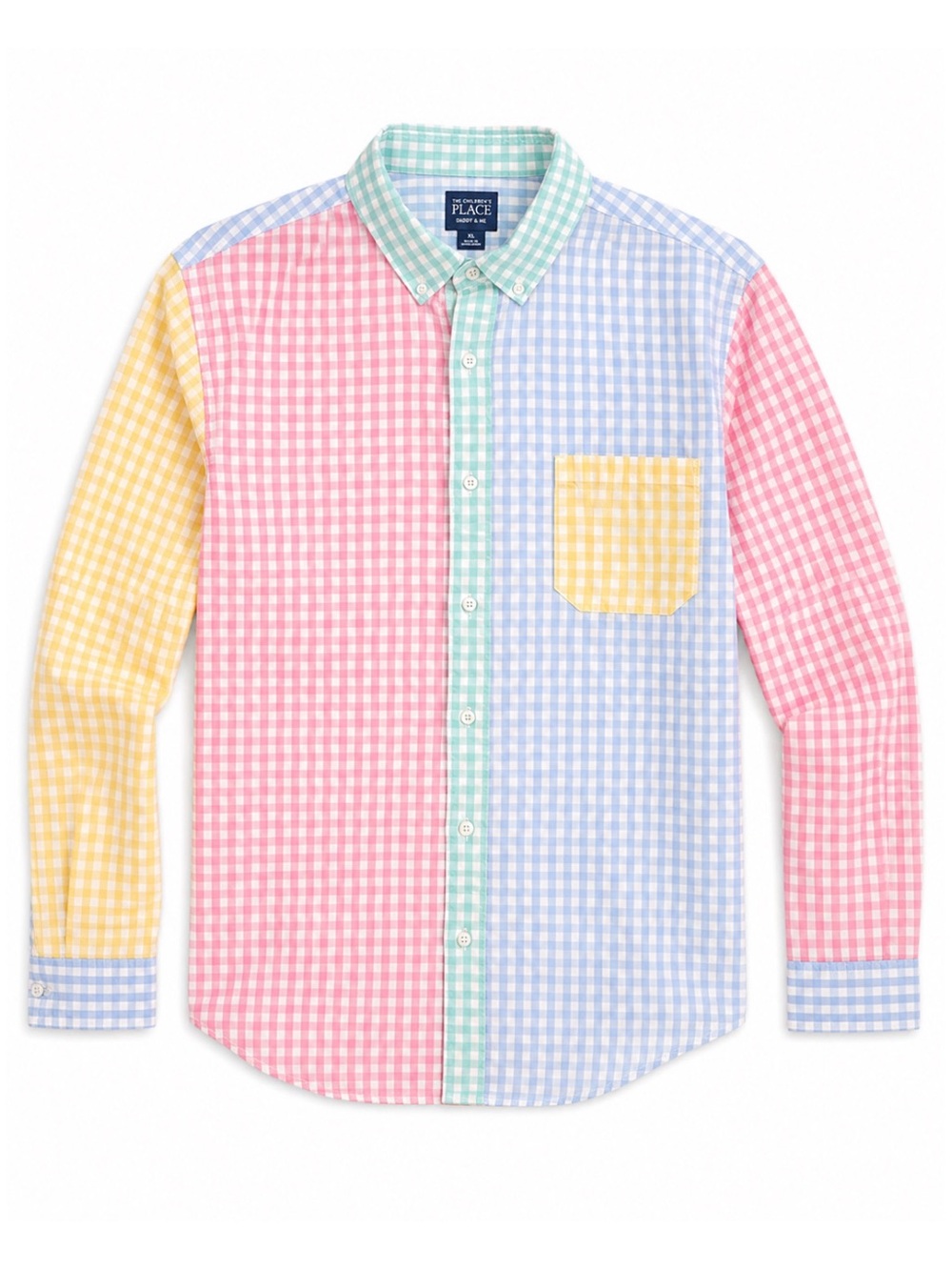 Childrens Place Multicolor Pastel Gingham Colorblock Poplin Button Down Men XL